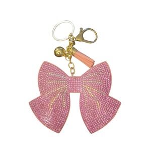 Pink Rhinestone Bow Keychain Gold Tone Tassel Bell Bag Charm Coquette Accessory